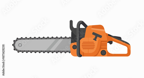 An orange and black chainsaw with a long blade and sharp teeth, isolated on a white background.