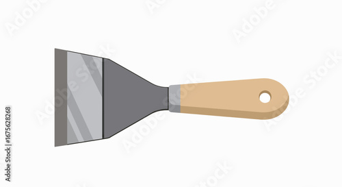 A grey metal putty knife with a light brown wooden handle.