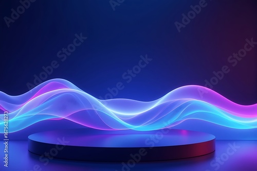 Abstract flowing neon light waves over a dark stage