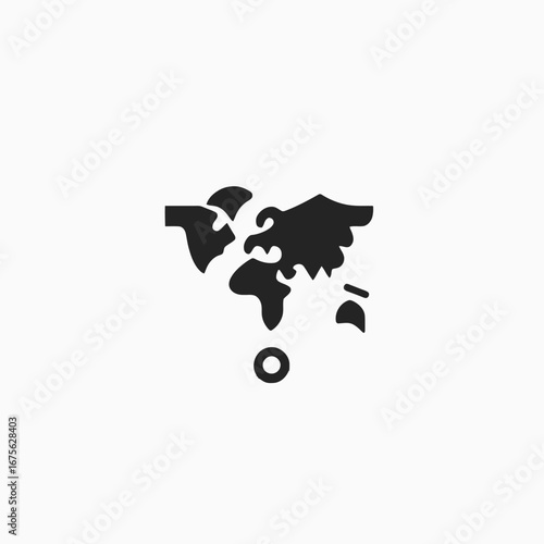 Stylized world map with location marker, dark black vector art silhouette