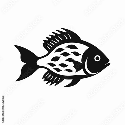 Striking goldfish emblem with simple black and white aquatic creature silhouette