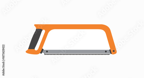 An orange hand saw with a black handle and a metal blade for cutting wood.