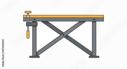 Illustration of a workbench with a clamp attached to the side, for woodworking.