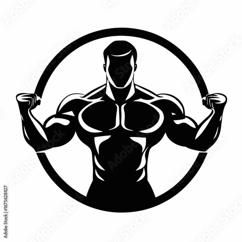 Powerful bodybuilder flexes muscles, defined fitness vector art illustration silhouette