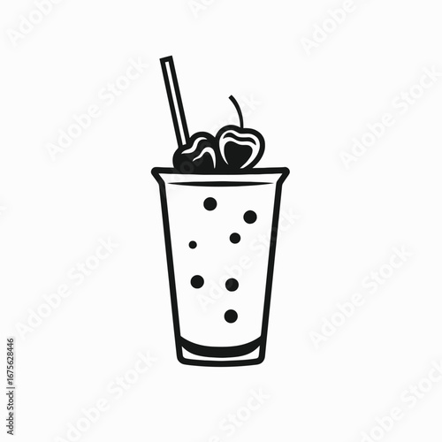 Refreshing cherry juice icon, black and white vector drink silhouette