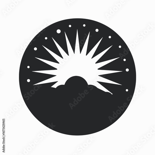 Celestial sunburst design with cosmic stars against dark backdrop silhouette