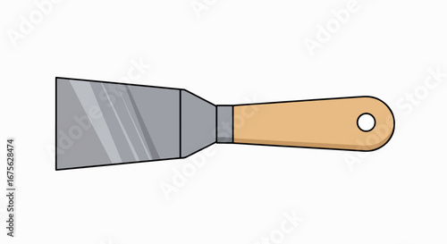 A simple illustration of a putty knife with a metal blade and a wooden handle, used for scraping or spreading materials.