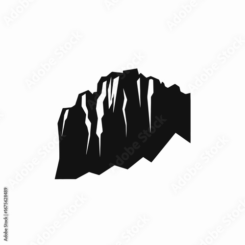 Bold and minimalist rocky mountain formation against clean white background silhouette