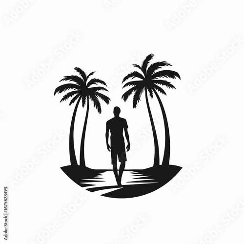 Tropical island paradise scene with solitary figure walking, graphic black silhouette