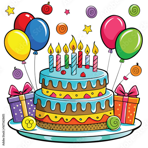 Birthday cake, gifts, and balloons