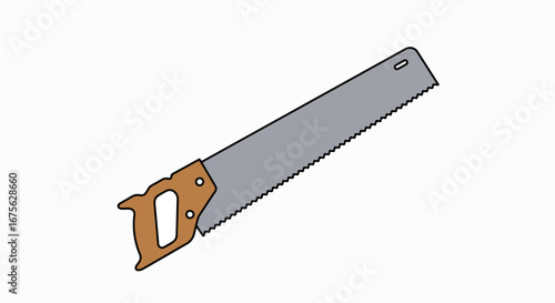 A simple cartoon illustration of a classic hand saw with a wooden handle and a gray metal blade on a white background.
