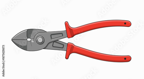 Close-up of a metal cutting tool with red handles, used for various construction and repair tasks.