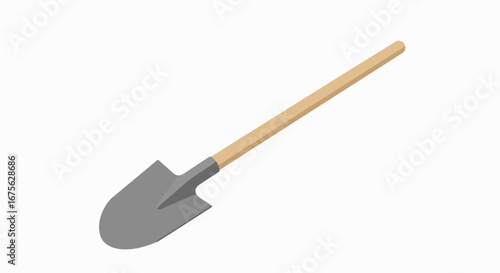 A grey metal shovel with a light brown wooden handle.