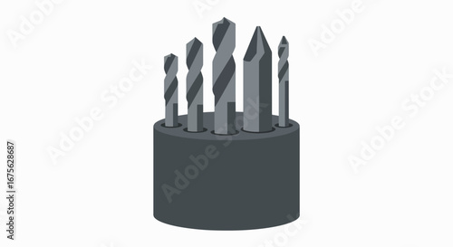 A set of assorted metal drill bits of various sizes and types organized in a dark grey holder.