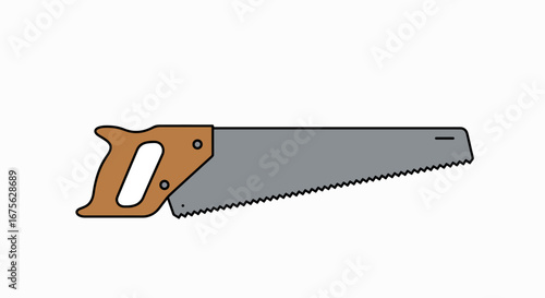 Illustration of a hand saw with a wooden handle and a serrated metal blade on a white background, a common woodworking tool.