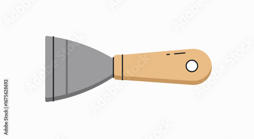 Close-up image of a metal putty knife with a wooden handle on white background.