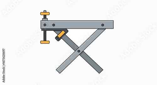 Illustration of a metal workbench with a vise and adjustable legs.