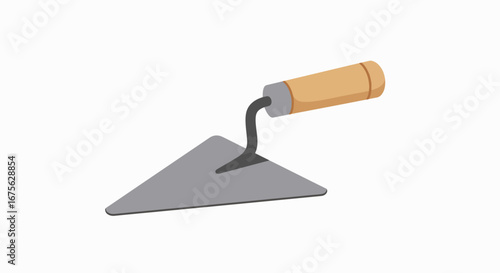 A simple illustration of a grey triangular trowel with a wooden handle, a common hand tool used for construction or gardening tasks.