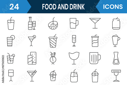 Food and Drink icons vector set collection. Fast food and Drink line icons such as vegetables, fruits, desserts, meat, baked goods, drinks, and more. Vector illustration.