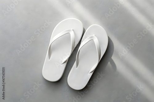 Pair of white flip-flops on a grey textured surface with shadows