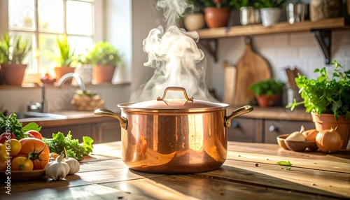 Copper saucepan with boiling steam in a cozy rustic kitchen setting.