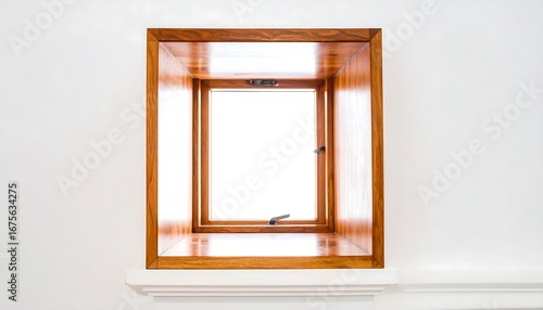 Square wooden window inset in white wall