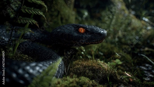 Close-up of a black snake with orange eyes in a dense, mossy forest