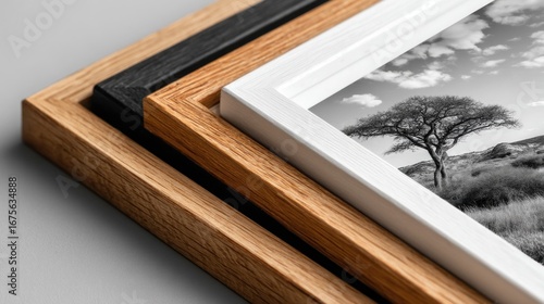 Elegant display showcasing a trio of wooden picture frames with monochrome print