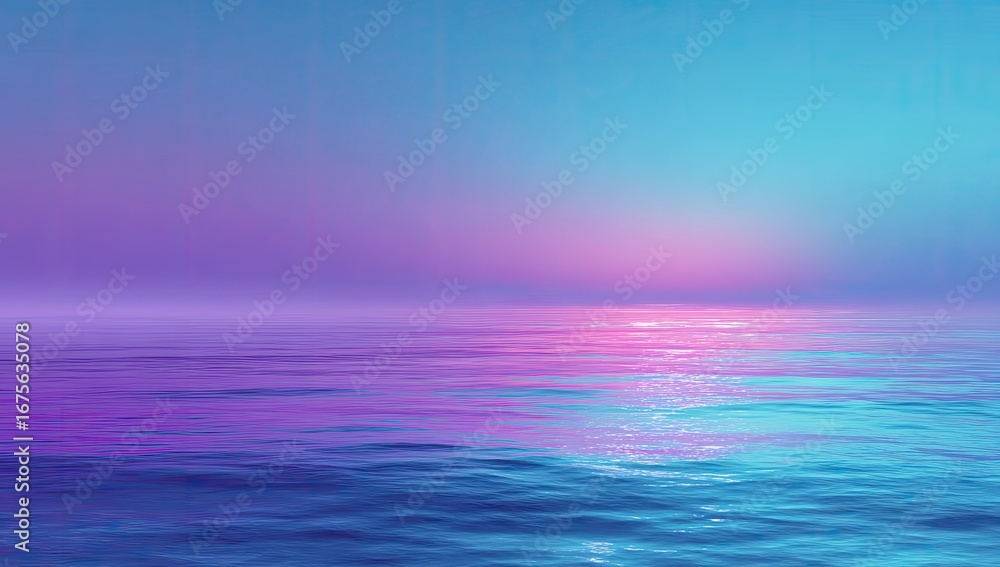 Obraz premium Calm, vibrant, abstract sunrise or sunset over tranquil water. Soft, blended hues of pink, purple, and teal