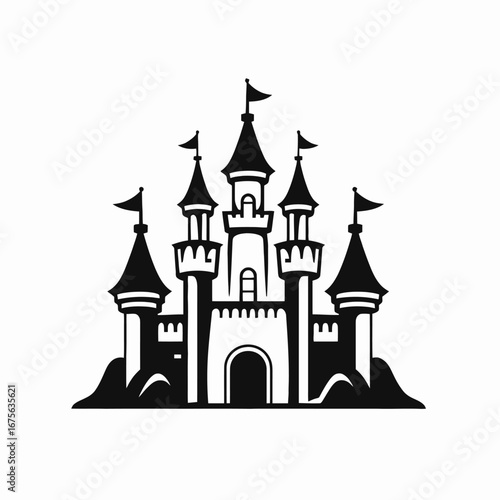 Majestic fairytale castle stands proudly as a simple black silhouette