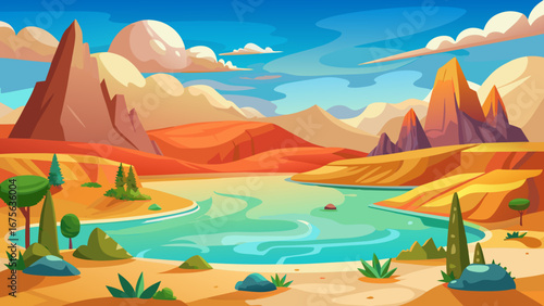 Vector art of scenic desert landscape with mountains, lake, and blue sky, perfect for travel and adventure, with a cartoon illustration style and vibrant colors