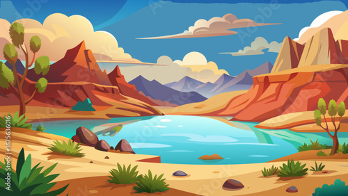 Vector art of stunning desert landscape with mountains, lake, and clouds, perfect for travel and tourism, with a cartoon illustration style and vibrant colors