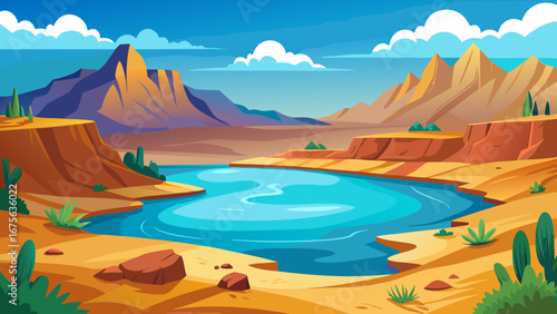 Vector art of beautiful desert landscape with mountains, lake, and blue sky, ideal for travel and outdoor adventures, with a cartoon illustration style and vibrant colors