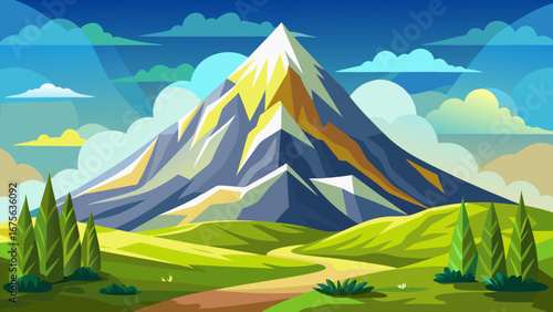 Vector art of majestic mountain landscape with snowcapped peak, green valley, and blue sky, creating a scenic and inviting outdoor travel destination