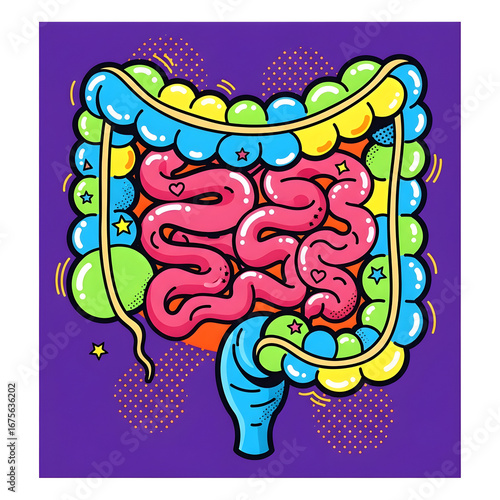Colorful Illustration of Human Intestines on a Purple Background