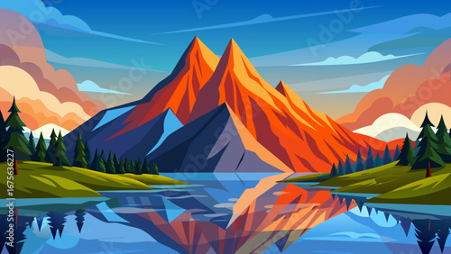 Vector art of scenic mountain landscape with a serene lake reflecting the majestic peaks and lush greenery under a clear blue sky, creating a peaceful nature scene