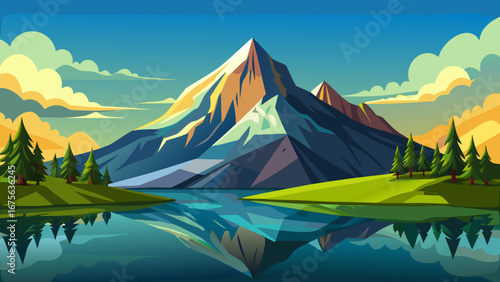 Vector art of peaceful mountain lake landscape with reflections of trees and mountains, perfect for nature and travel illustrations