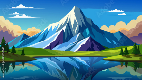 Vector art of majestic mountain landscape reflecting in a tranquil lake, showcasing the beauty of nature with snowcapped peaks and lush green surroundings under a blue sky