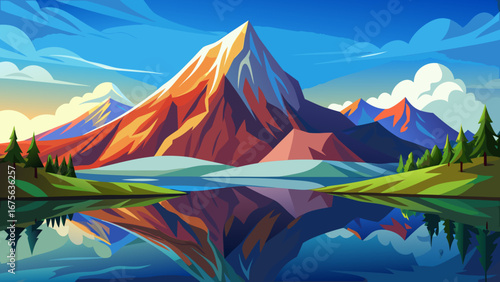 Vector art of breathtaking mountain landscape reflecting in a serene lake, capturing the essence of nature with vibrant colors and a tranquil atmosphere under a clear sky