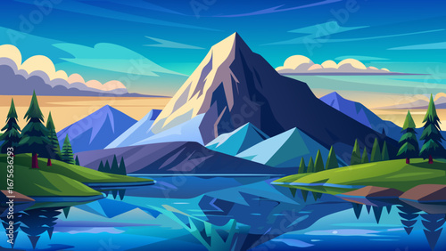 Vector art of majestic mountain reflecting in a tranquil lake, surrounded by lush greenery and a clear blue sky on a sunny day