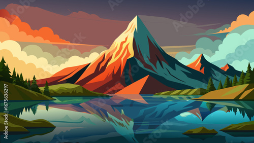 Vector art of scenic mountain range reflecting in a serene lake at sunset, surrounded by lush forest and vibrant clouds in the colorful sky