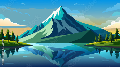 Vector art of scenic mountain landscape reflecting in a tranquil lake surrounded by lush green trees under a clear blue sky, a peaceful nature scene