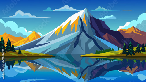 Vector art of majestic mountain range reflecting in a calm lake, surrounded by lush greenery under a bright blue sky, a stunning nature panorama