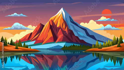 Vector art of vibrant mountain landscape reflecting in a serene lake at sunset, with colorful clouds and trees creating a picturesque nature scene