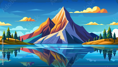 Vector art of scenic mountain landscape reflecting in a tranquil lake under a bright blue sky with fluffy clouds, surrounded by lush green trees