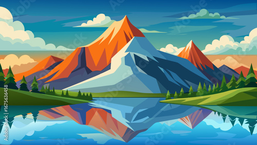 Vector art of vibrant mountain range reflecting in a calm lake under a bright sky with fluffy clouds, surrounded by lush green trees in a scenic view