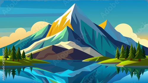 Vector art of majestic mountain range reflecting in a serene lake under a clear blue sky, surrounded by lush green trees in a peaceful landscape