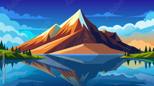 Vector art of a majestic mountain range reflected in a calm lake under a cloudy sky, showcasing a serene and picturesque natural landscape