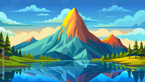Vector art of vibrant mountain landscape reflecting in a tranquil lake, surrounded by lush greenery and a clear blue sky, creating a peaceful and idyllic scene