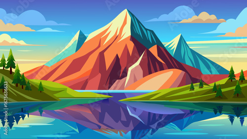 Vector art of colorful mountain landscape reflecting in a calm lake under a partly cloudy sky, a vibrant and peaceful outdoor nature scene